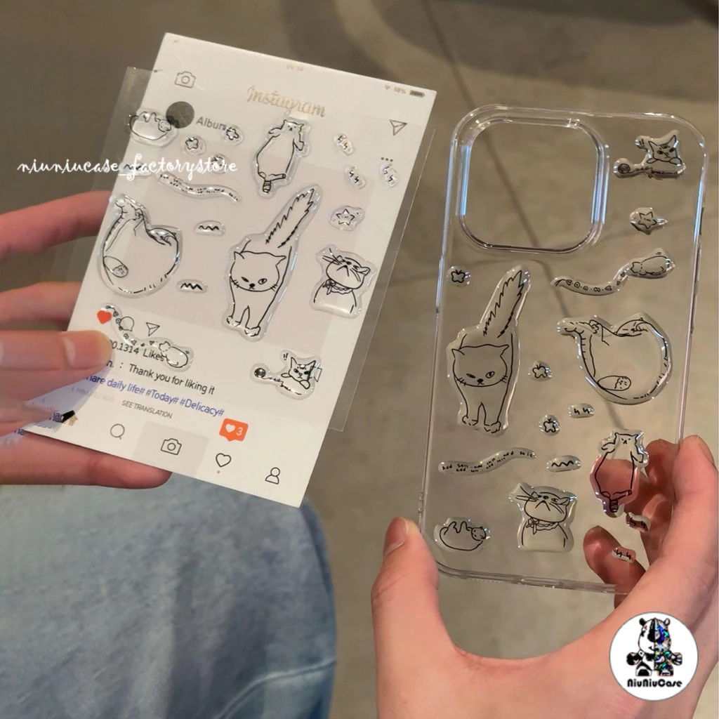 สติกเกอร์เจลลี่ การ์ตูนแมว DIY For iPhone 15 11 12 13 14 16 17 Pro Max 7 8 Plus XR X XS Plus เคส โปร่งใส กันกระแทก Case