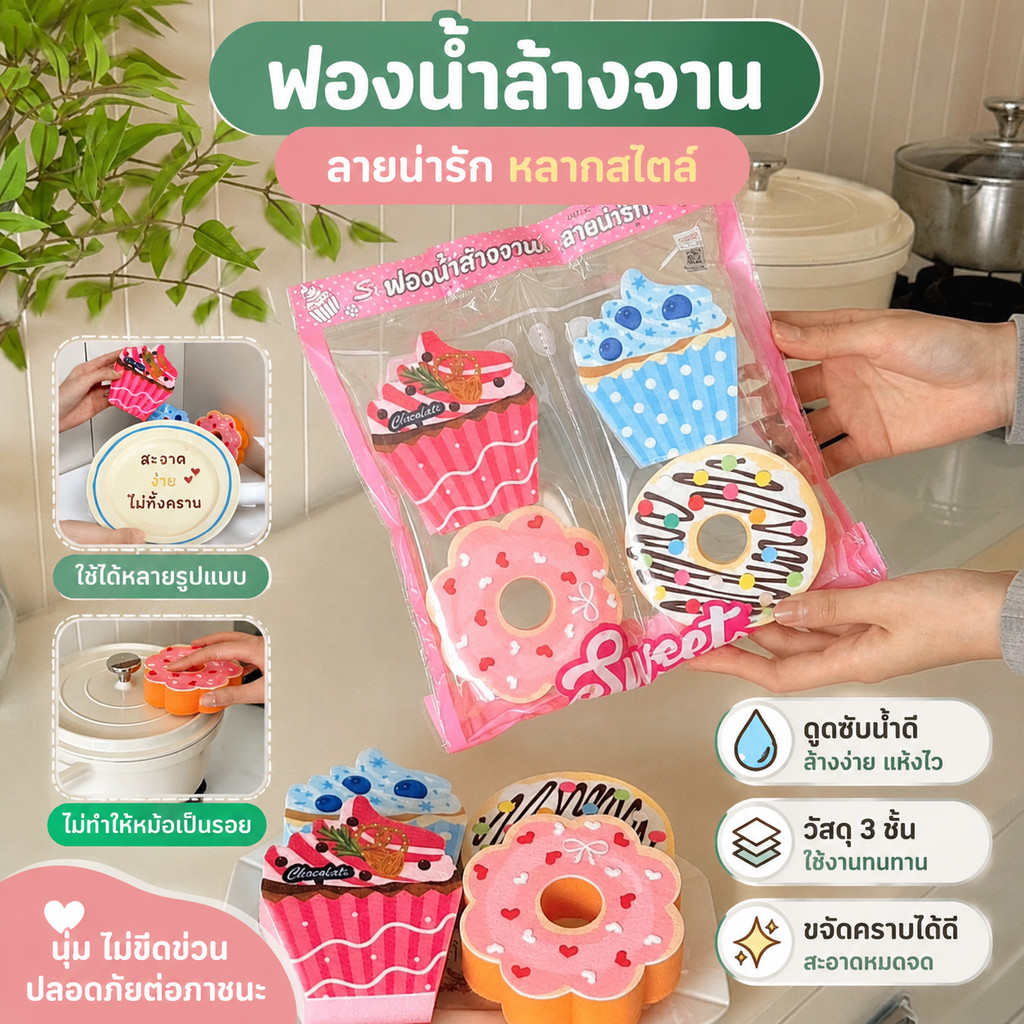 ฟองน้ำล้างจานรูปโดนัท 1แพ็คมี4ชิ้น นุ่มฟู ทำความสะอาดดี นำกลับมาใช้ใหม่ได้ การ์ตูนน่ารัก