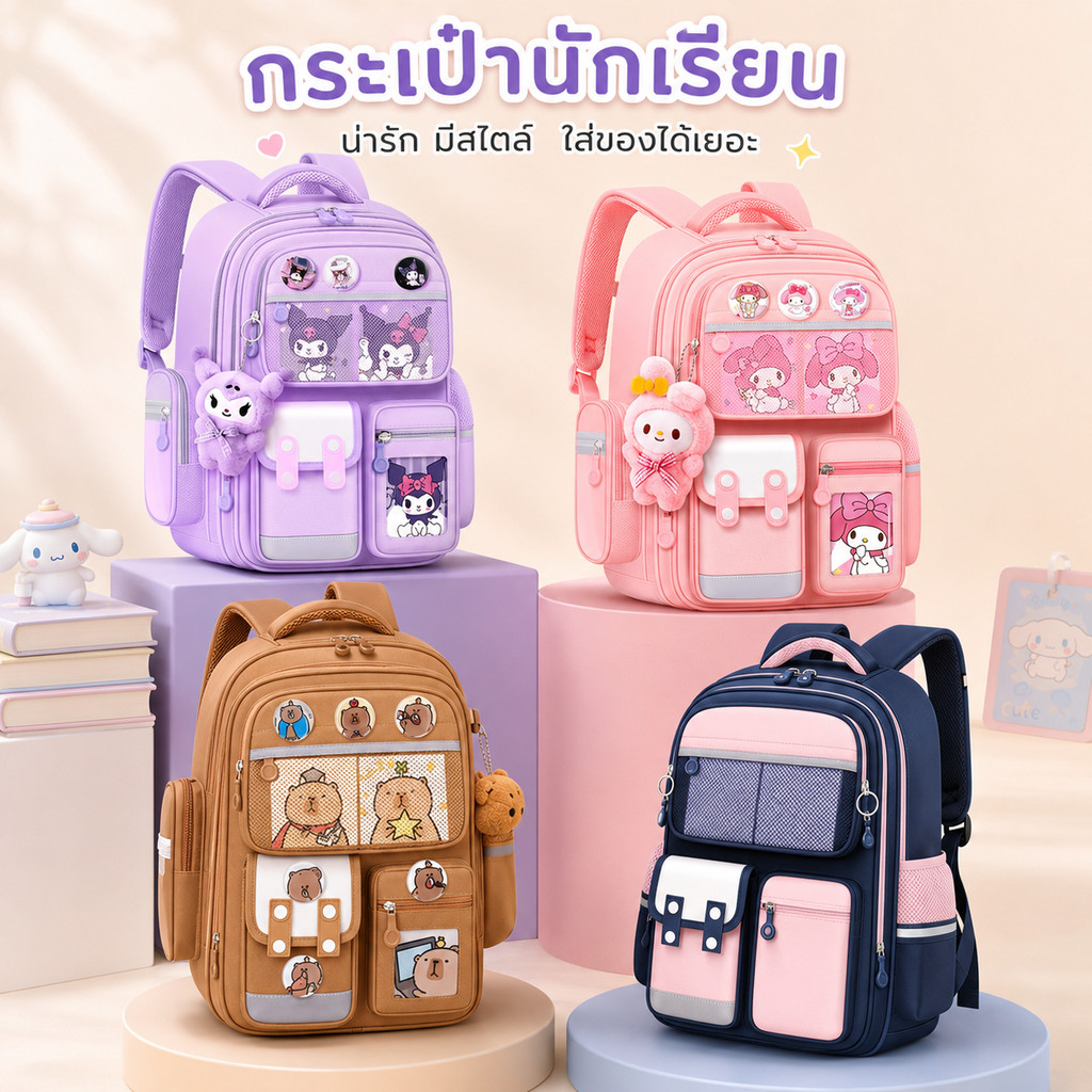 กระเป๋าเป้น่ารักพิมพ์ลายยูนิคอร์นสีรุ้งสำหรับนักเรียนชั้นประถมศึกษา กันน้ำ จุของได้เยอะ น้ำหนักเบา