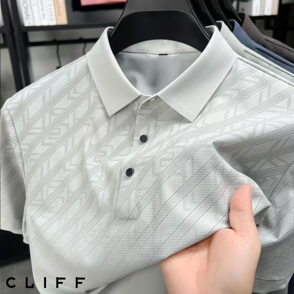 CLIFFเสื้อโปโลลายเส้นทแยงมุมของผู้ชาย เบาและระบายอากาศได้ เสื้อผ้าแบบพับซ้อน การพักผ่อนที่บ้าน