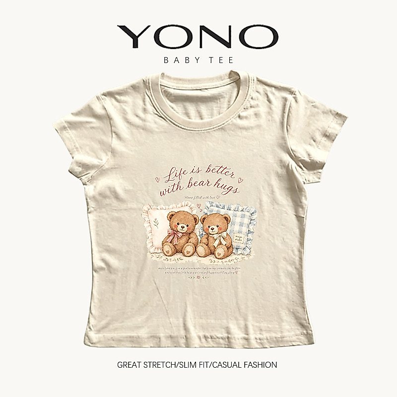 (พร้อมส่ง24ชม.) baby tee สีเบจ ลายหมีคู่บนหมอนกับตัวอักษร ฟีลวินเทจหวานละมุน ทรงเข้ารูป ใส่น่ารักทุกวัน