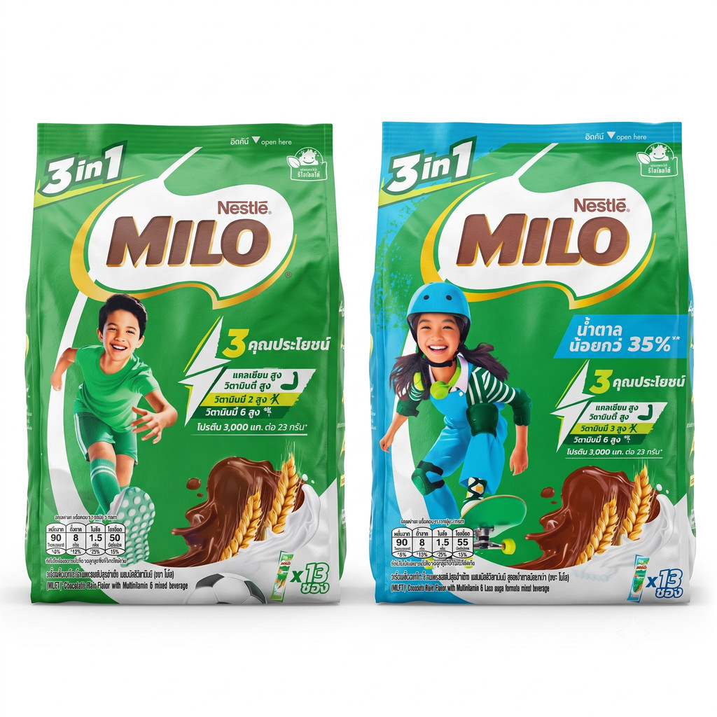 [1แพ็ค13ซอง] Milo ไมโล 3อิน1 สูตรปกติ และ สูตรน้ำตาลน้อย ปริมาณ 299กรัม