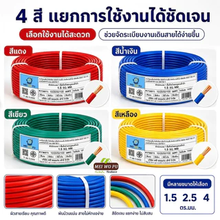 สายไฟอ่อนแกนเดี่ยว สีแดง น้ำเงิน เขียว เหลือง ตัวนำ CCA ขนาด 1.5 2.5 4 ตร มม ยาว 10 20 50 100 เมตร