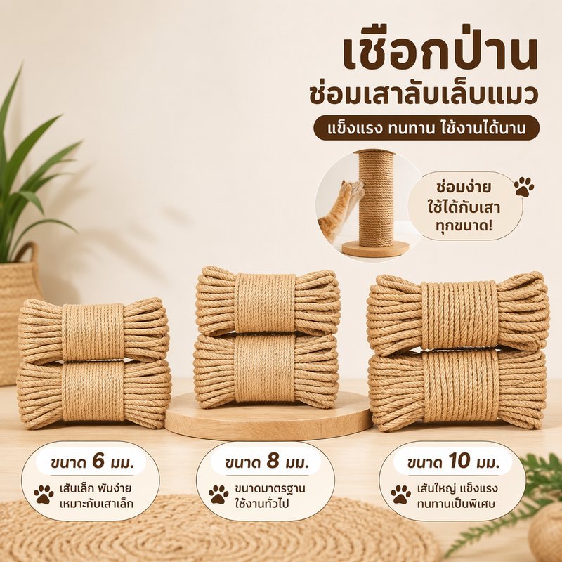 เชือกป่านศรนารายณ์ พันเสาลับเล็บแมว ซ่อมคอนโดแมว DIY เชือกธรรมชาติ หนา 6mm 8mm ยาว 100m 200m