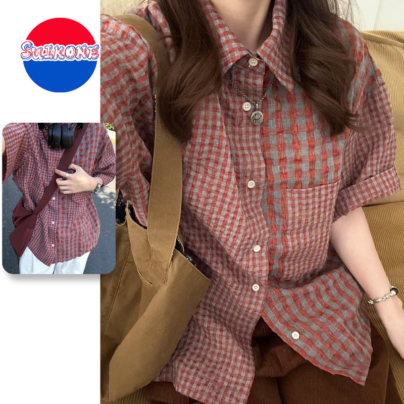 SUIKONE ซุยโคเนะ เสื้อเชิ้ตผู้ชายแขนสั้นสไตล์ฮ่องกงย้อนยุคลายสก๊อตระดับไฮเอนด์ด้านบน