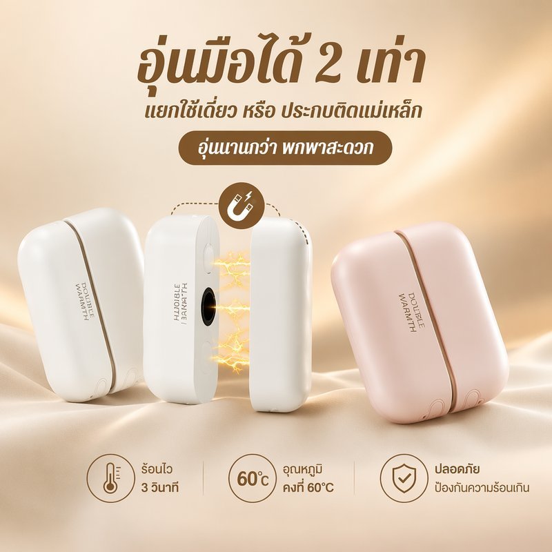 มืออุ่นแม่เหล็กแบบพกพา ยูเอสบี ชาร์จความร้อนอย่างรวดเร็ว 3 การตั้งค่าความร้อน 3000มะห์ กระเป๋า