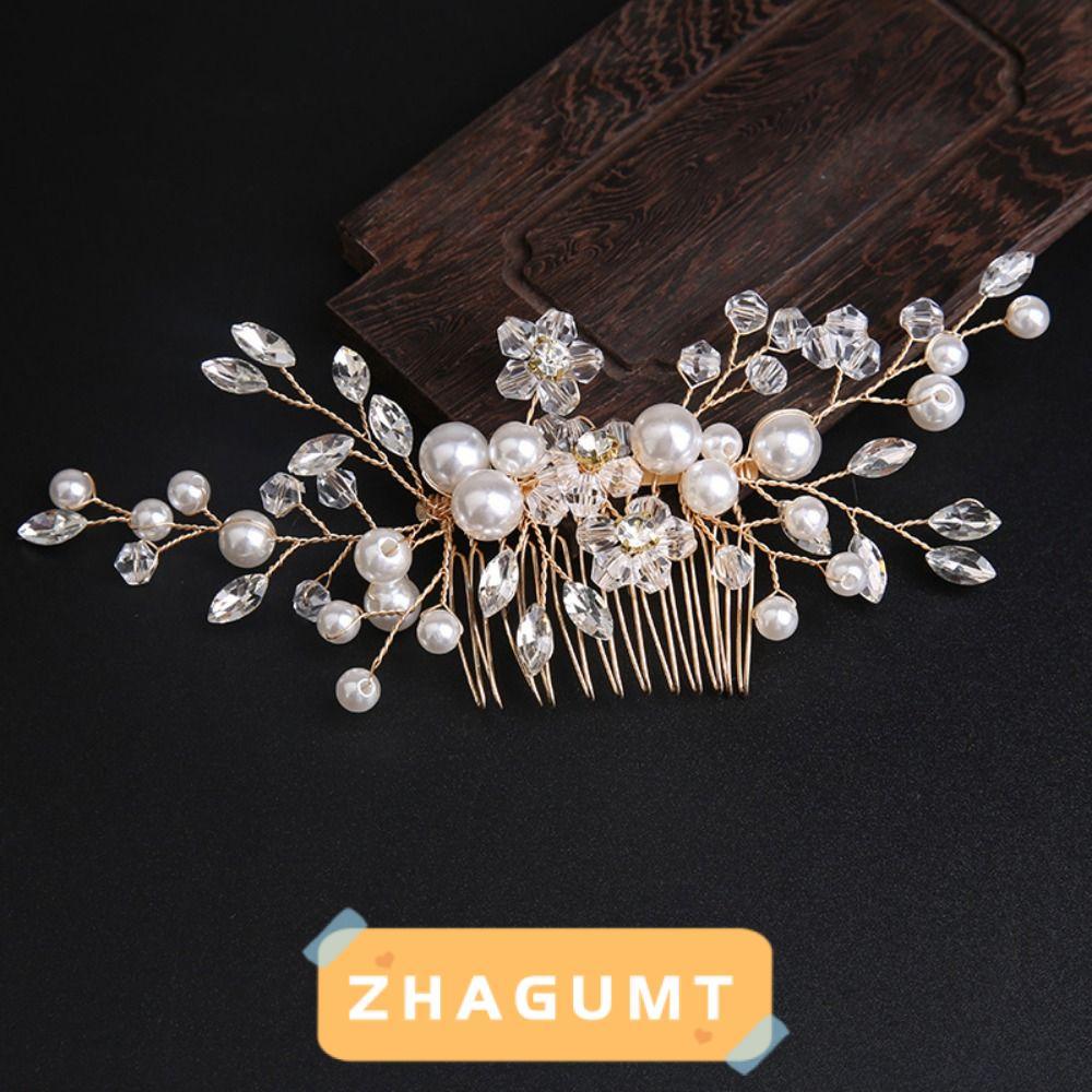 ZHAGUMT366KB หวีเจ้าสาว,สีทองเงินทําด้วยมือทรงผมงานแต่งงานเครื่องประดับ,ไข่มุก Rhinestone ใบประกายเจ้าสาว Tiaras Hairbands