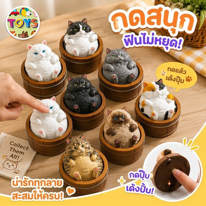 COD แมวอ้วนในอ่าง ของเล่นกดคลายเครียด Clicker Fidget แมวอ้วนในอ่างไม้ น่ารัก กดได้ ของเล่น ลดความดัน