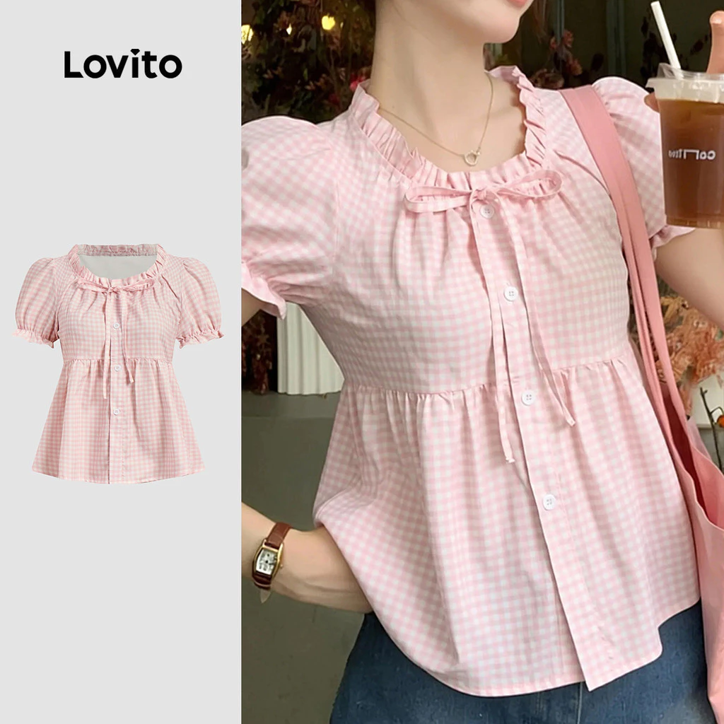 Lovito แคชชวล เสื้อเบลาส์น่ารักผูกหน้า ใส่สบาย เรียบง่าย สไตล์ฤดูใบไม้ผลิ/ฤดูร้อน สีชมพู สําหรับผู้หญิง เกาหลี อินเทรนด์ L185AD673