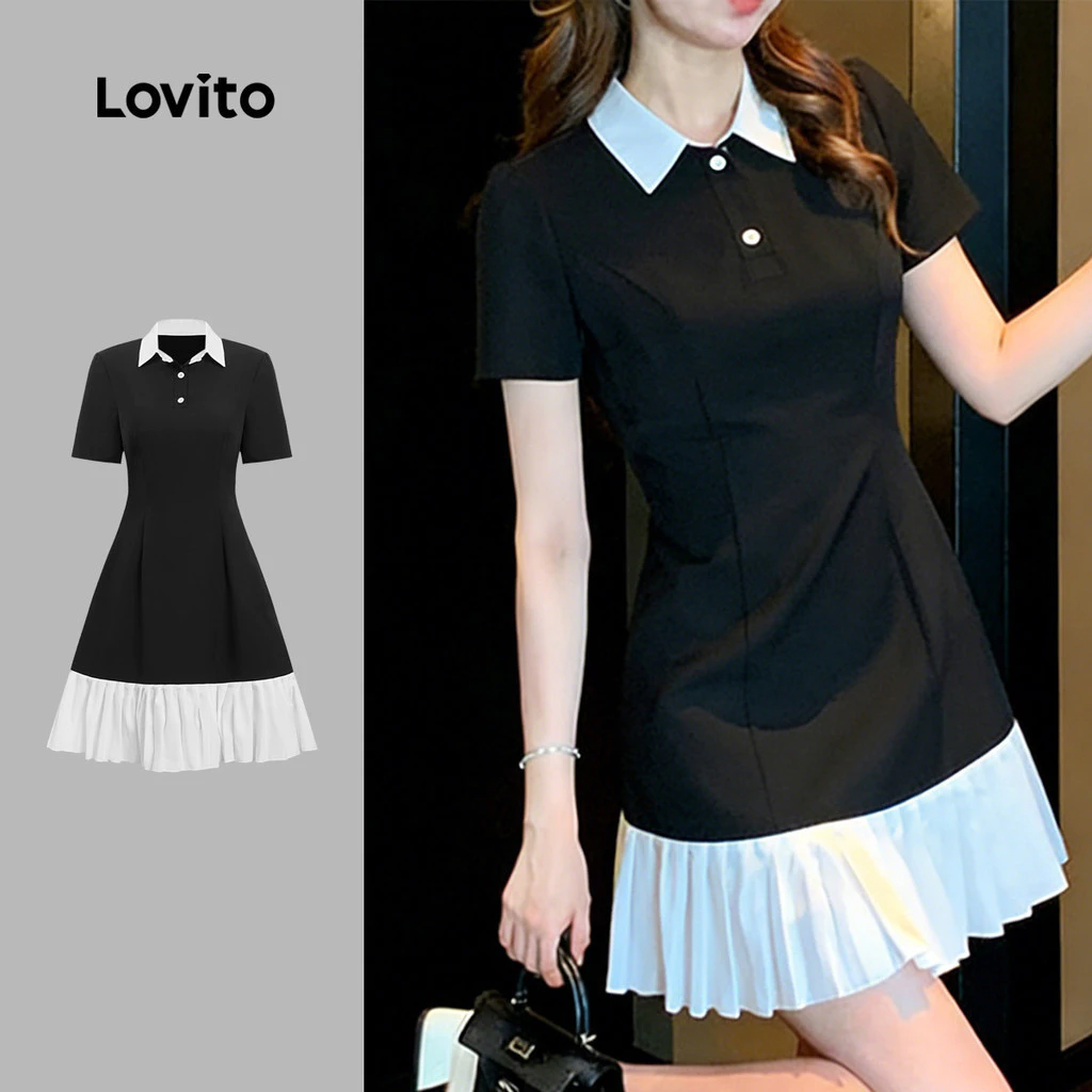 Lovito สง่างาม เดรสจับจีบสีบล็อกกระดุมสําหรับฤดูใบไม้ผลิ/ฤดูร้อนสีดําสําหรับผู้หญิง L172LD088