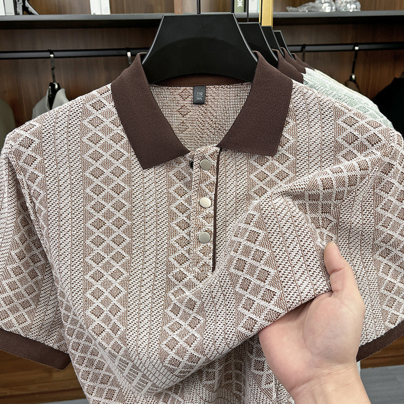 ฤดูร้อนLapel Textured Cotton Jacquardเสื้อแขนสั้นน้ําหนักเบาBreathable Four-Buttonสี-Blockingคอปกแขน
