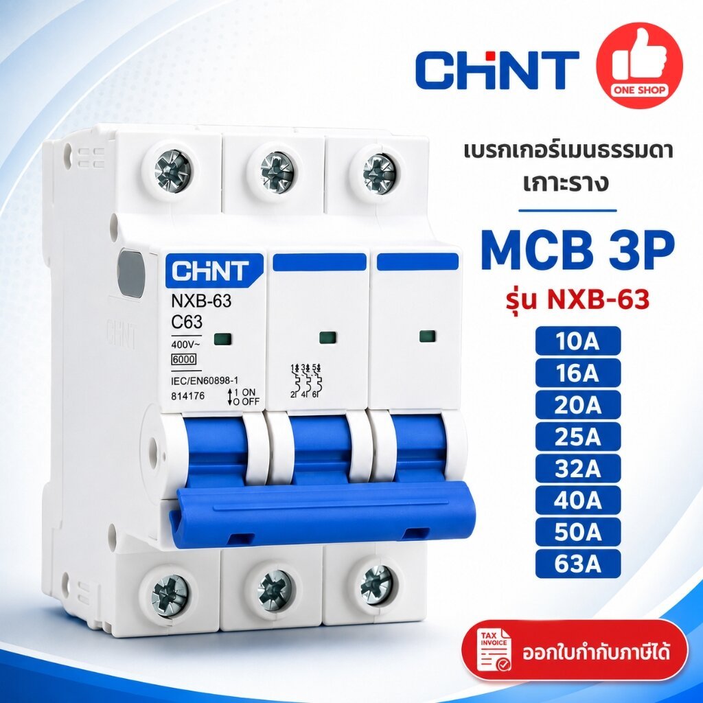 CHINT **รุ่น NXB-63** 3P เบรกเกอร์เมนธรรมดา เกาะราง เบรกเกอร์ 3P รุ่น NXB-63 แบบเกาะราง 3 เฟส เซอร์ก