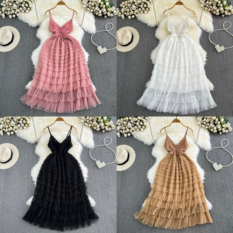 D1680 VALORA สไตล์เกาหลีวินเทจ MIDI DRESS TUTU BEACH HOLIDAY SUMMER