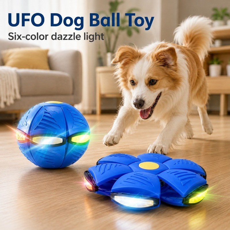 6-Light UFO Dog Ball Toy, Transforming Flying Disc Bounce Ball สําหรับสุนัข, ของเล่นสัตว์เลี้ยงกลางแ