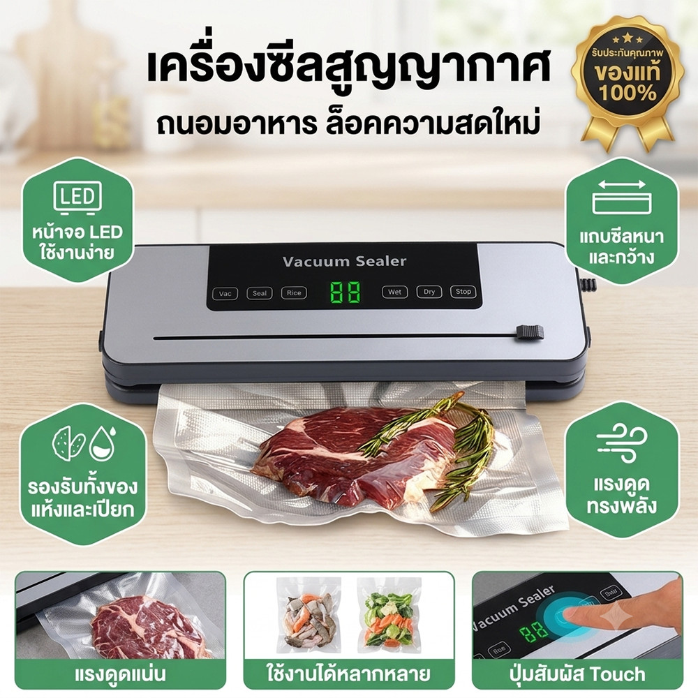 [พร้อมส่ง] เครื่องซีลสูญญากาศ Vacuum Sealer ระบบอัตโนมัติ ใช้งานได้ทั้งแบบแห้งและเปียก ซีลปิดแน่นหนา รวดเร็ว