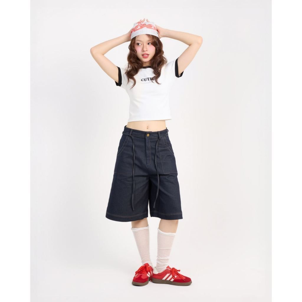 กางเกงยีนส์ขาสั้นขากว้าง THE CU ด้ายนูน กางเกงยีนส์ขาสั้นผู้หญิง - Nova Capri Pants