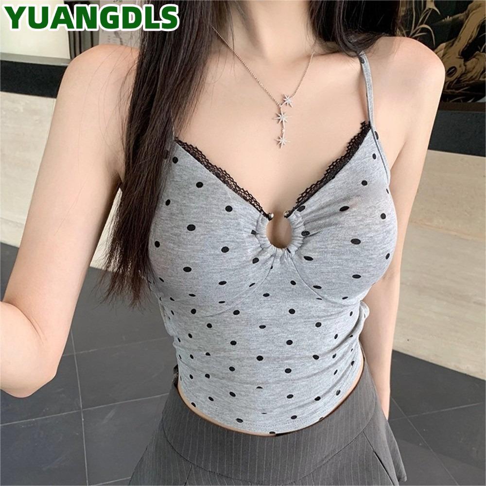 YUANG Crop Vest Tops, Cross Backless V คอออกแบบ Polka Dot ผ้าฝ้าย,หวานสปาเก็ตตี้ลูกไม้ Ropa Mujer ผ้