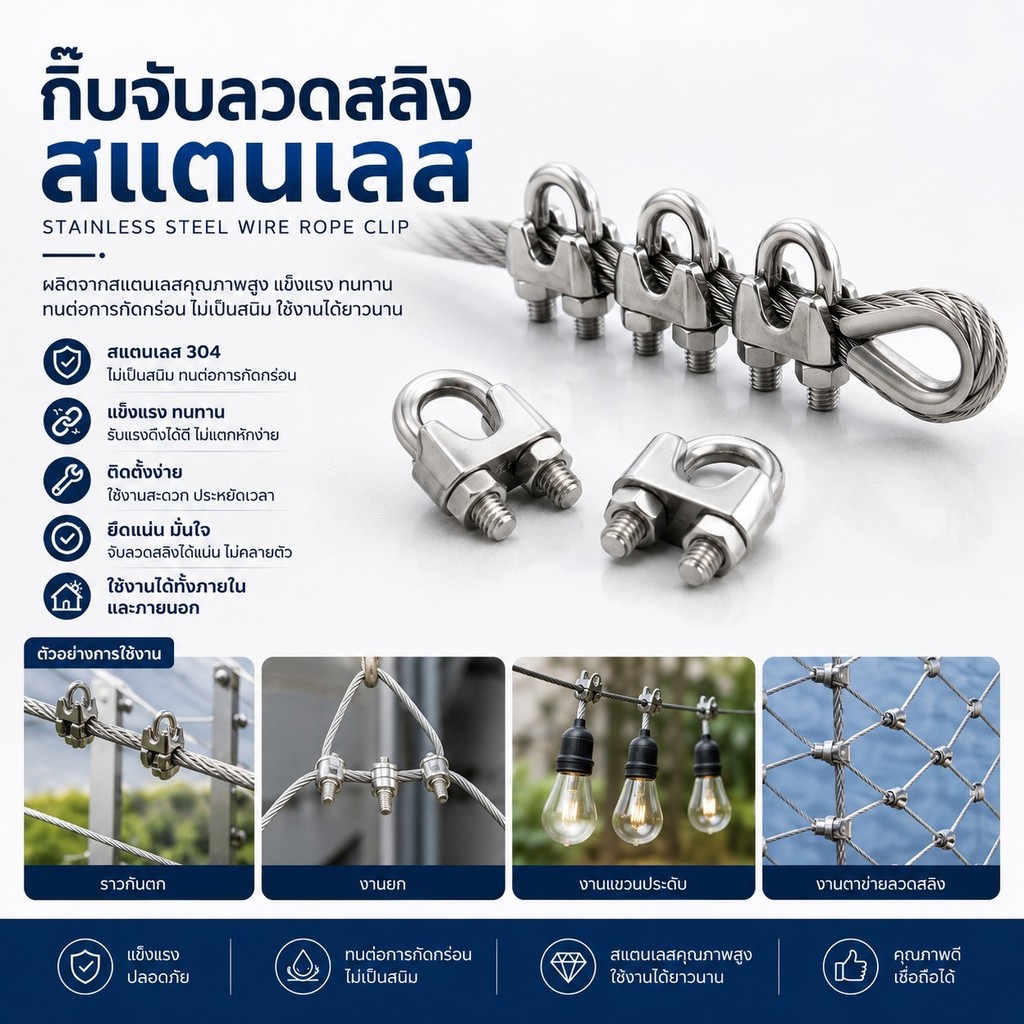 กิ๊บจับลวดสลิง กิ๊บล็อคสลิง แคมป์ล็อคสลิง สแตนเลส ขนาด M3/M5/M6/M8/M10/M12 พร้อมส่ง #AQ-0031