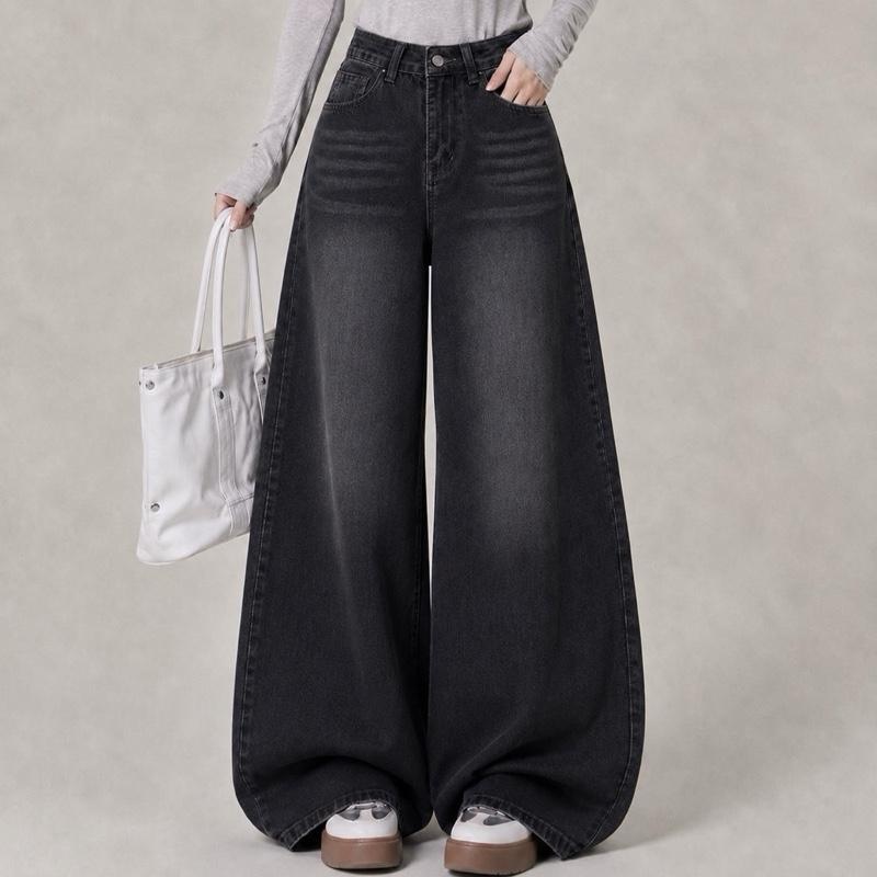 JINJEANS-401 | (XS-6XL) สีดำฟอก กางเกงยีนส์ขากระบอกใหญ่ baggy jeans เลือกความยาวได้
