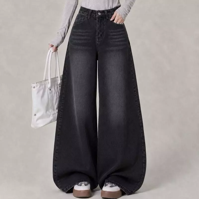 JINJEANS-401 | (XS-6XL) สีดำฟอก กางเกงยีนส์ขากระบอกใหญ่ baggy jeans เลือกความยาวได้