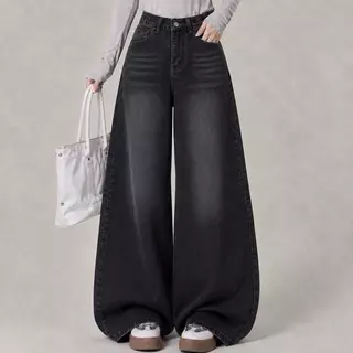 JINJEANS-401 | (XS-6XL) สีดำฟอก กางเกงยีนส์ขากระบอกใหญ่ baggy jeans เลือกความยาวได้
