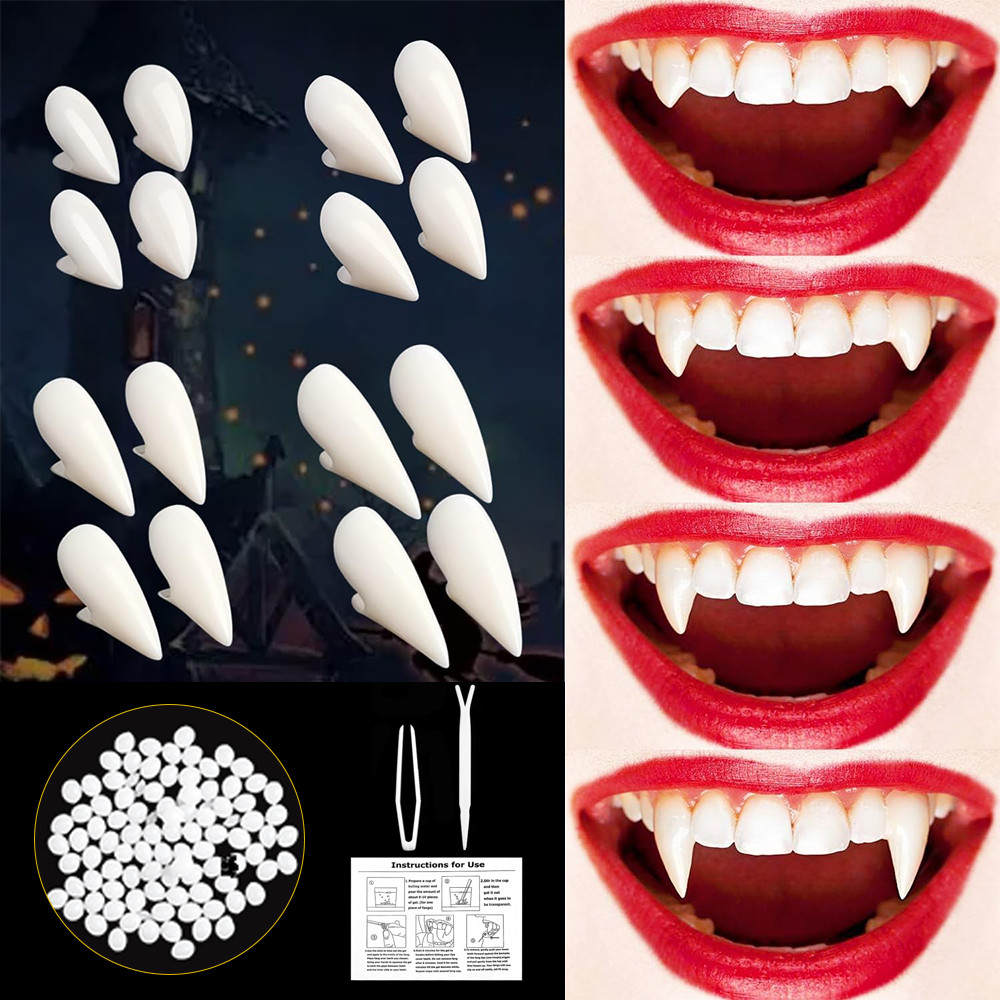 4 คู่แวมไพร์ฟันสําหรับคอสเพลย์ Fangs ฟันปลอม Props ฮาโลวีนเครื่องแต่งกาย Props กาวฟันปลอมกาวฮาโลวีน
