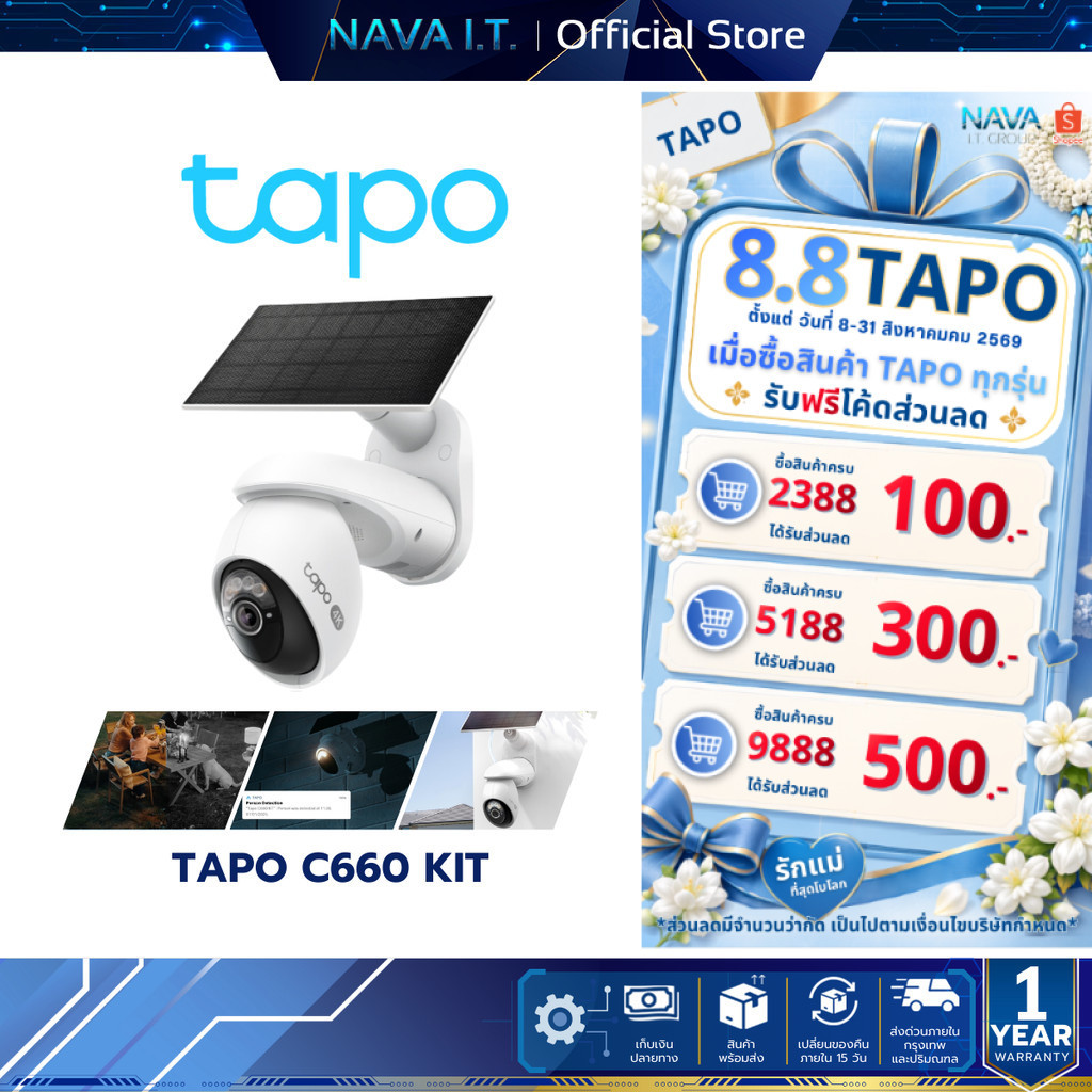 TAPO C660 KIT กล้องวงจรปิด 4K 8MP พร้อมแผงโซลาเซลล์ Pan/Tilt Security Camera Kit