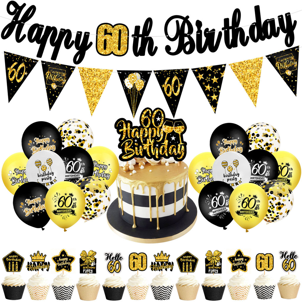 32 ชิ้นสีดําทอง 60th Birthday Balloon Set,Banner,เค้ก Toppers, อุปกรณ์เสริมสําหรับ 18 30 40 50 60, B
