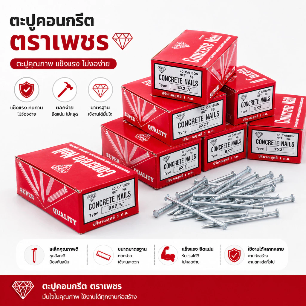 ตะปูคอนกรีตขาว ตราเพชร ทุกขนาด (แพ็ค 1 กก.)