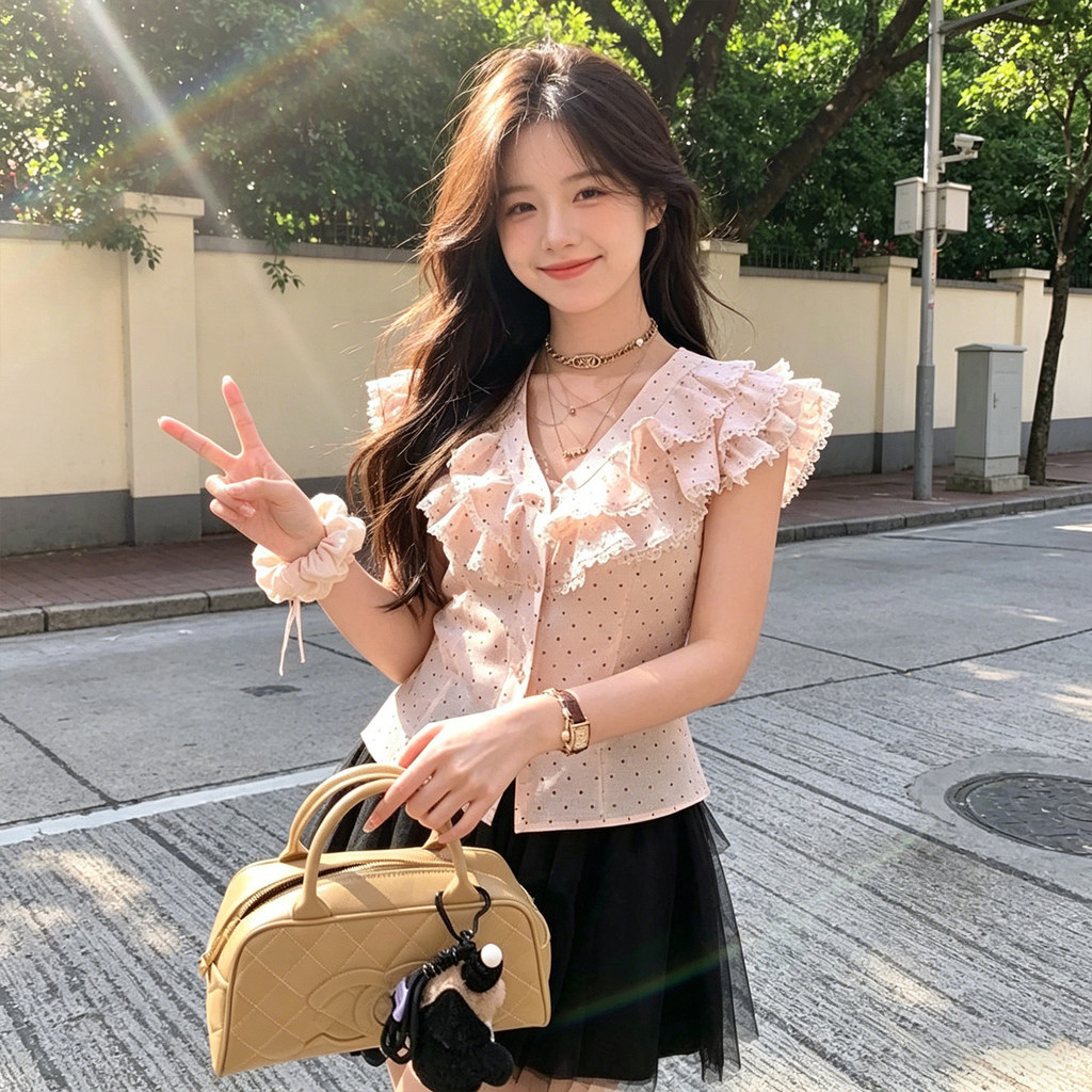 สีชมพูหวานคอวีนัวเนียลายจุดเสื้อผู้หญิงเสื้อแขนกระพือ