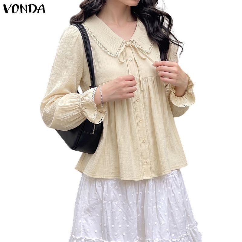 Vonda ผู้หญิงเกาหลีสาวหวานสไตล์ Textured ผ้า Cuffed แขนยาว BowTie เอวสูงแผง Flattering หลวมสายเสื้อ