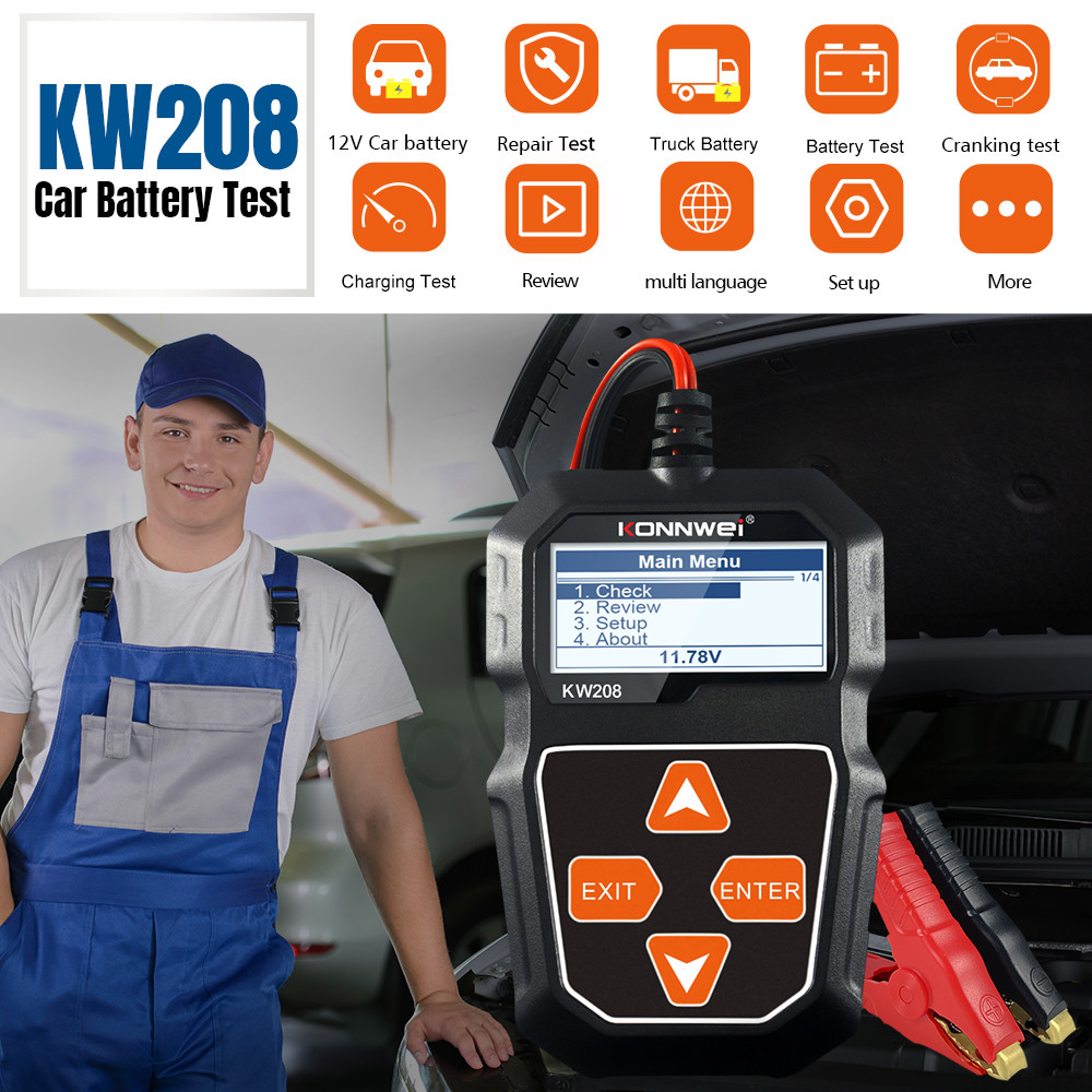 KONNWEI KW208 12V รถแบตเตอรี่ทดสอบ 100 ถึง 2000CCA Cranking ชาร์จ Circut Tester SOH SOC แบตเตอรี่เคร