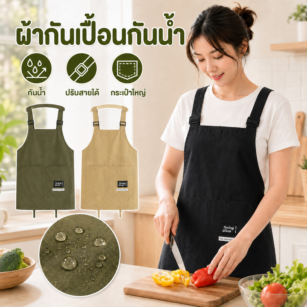 ผ้ากันเปื้อนทำอาหาร กันน้ำ ปรับสายได้ มีกระเป๋าด้านหน้า สำหรับเชฟ ร้านอาหาร ร้านกาแฟ และใช้ในบ้าน