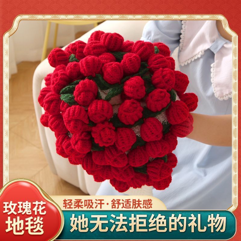 * 成品玫瑰花毛毯午睡毯针织毯子披肩编织情人节花束生日礼物现货Rose Bouquet Blanket, Finished Yarn, Hand Crocheted Flower Blanket, N
