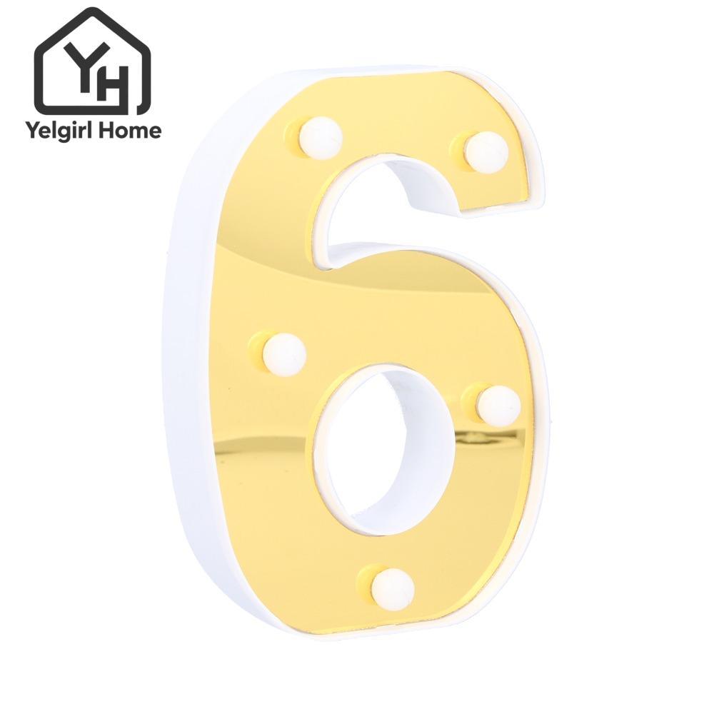 YELGIRLB ไฟ LED Number Light, Number 6 6 LED Sign Lamp, Festive Warm White Light Gold Battery Powere