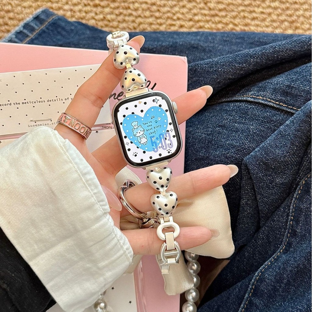 เหมาะสําหรับ Huawei GT6 Xiaomi 10pro Love Polka Dot โซ่โลหะ Apple s11 สายนาฬิกา iwatch10SE9