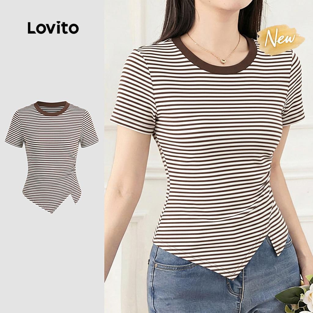 (New Arrival) Lovito เสื้อยืดลําลองผู้หญิง สีโมรันดี บราวน์ พิมพ์ลายบล็อกสี สําหรับฤดูใบไม้ผลิ/ฤดูร้อน TSK8P1D642