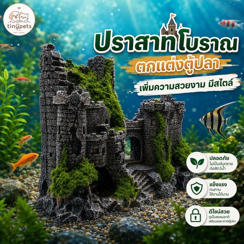 ของตกแต่งตู้ปลา ปราสาทวินเทจ เรซิน หินภูเขาจำลอง มีช่องหลบซ่อน ปลา ใช้น้ำจืดน้ำเค็ม
