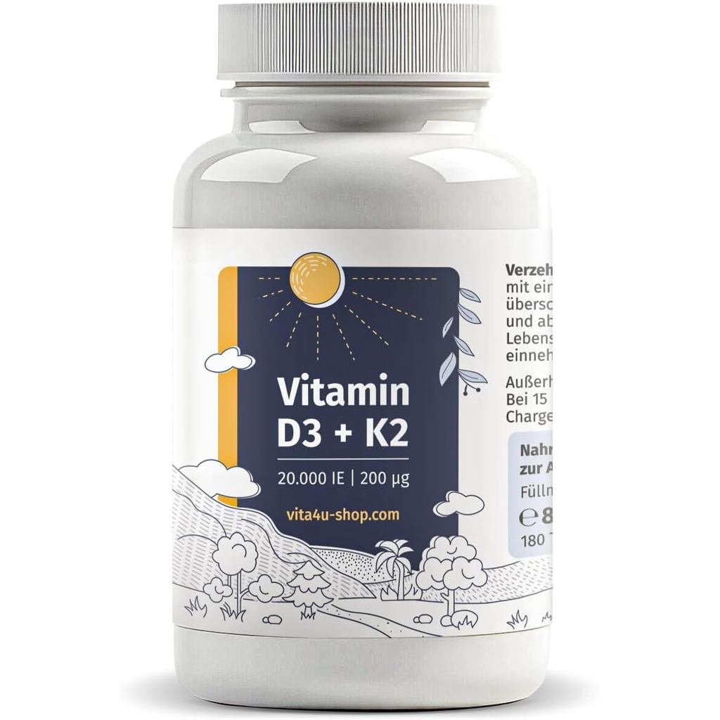 วิตามิน D3 20000 IU พร้อม 200μg วิตามิน K2 All-Trans-MK7-180 เม็ดมังสวิรัติ - คลังสินค้า: 1 เม็ดต่อ 