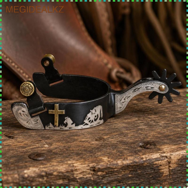 [megidealkz] Black Iron Spurs แผ่นเงินเยอรมัน Western Cowboy Spurs ออกแบบผู้ชาย