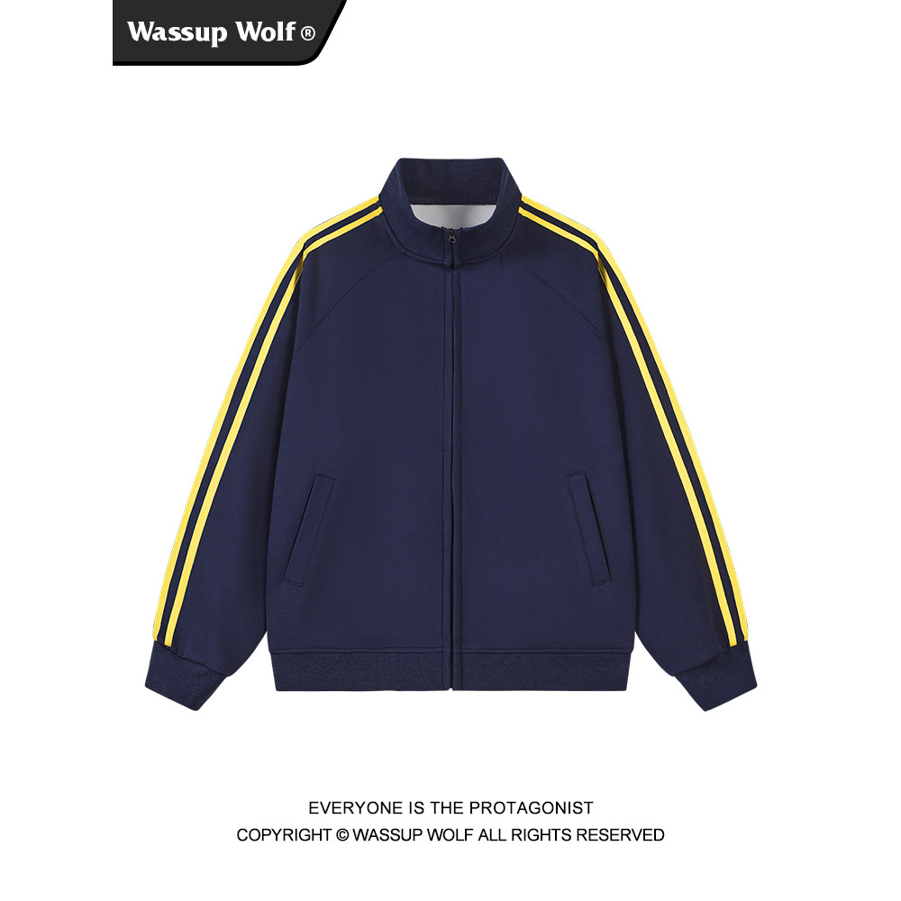 Wassup Wolf American Retro Two Bar Stand Collar Cardigan Sweatshirt Men Spring New Style Street Wear