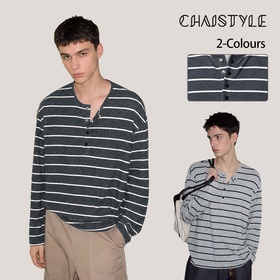 Chaistyle เสื้อยืดแขนยาว คอปกเฮนลีย์ ลายทาง เสื้อยืดคอกลมผู้ชาย คอลเลคชันใหม่ฤดูใบไม้ร่วง ผ้าระบายอากาศ หลวมสบาย M-3XL