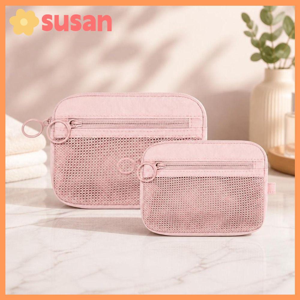 SUSANSU Travel Organizer,Double Layer Pink Mesh Storage Pouch, Zipper Portable Nylon Cosmetic Bag fo