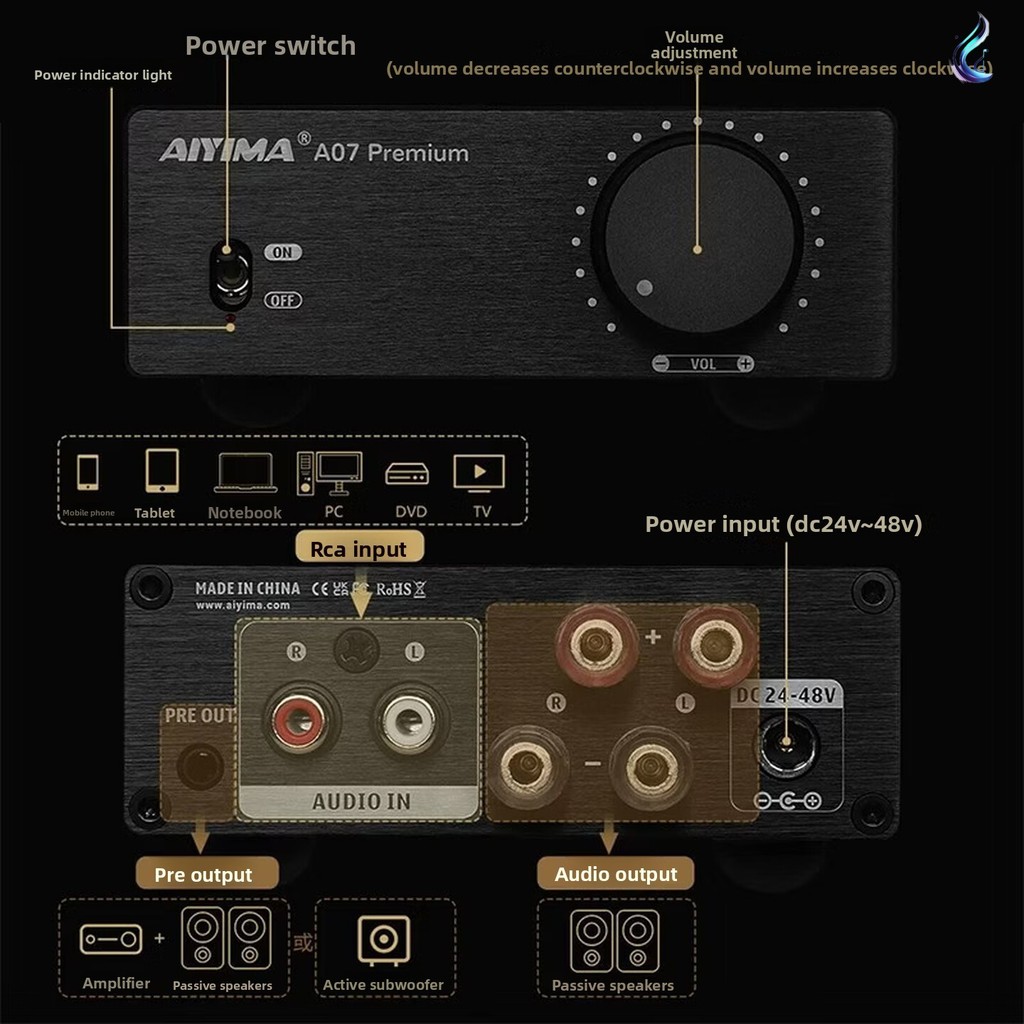 Aiyima A07 พรีเมี่ยม 300Wx2 HiFi Class D เครื่องขยายเสียงสเตอริโอ Home Audio 2.0 Channel Amp,ลําโพง 