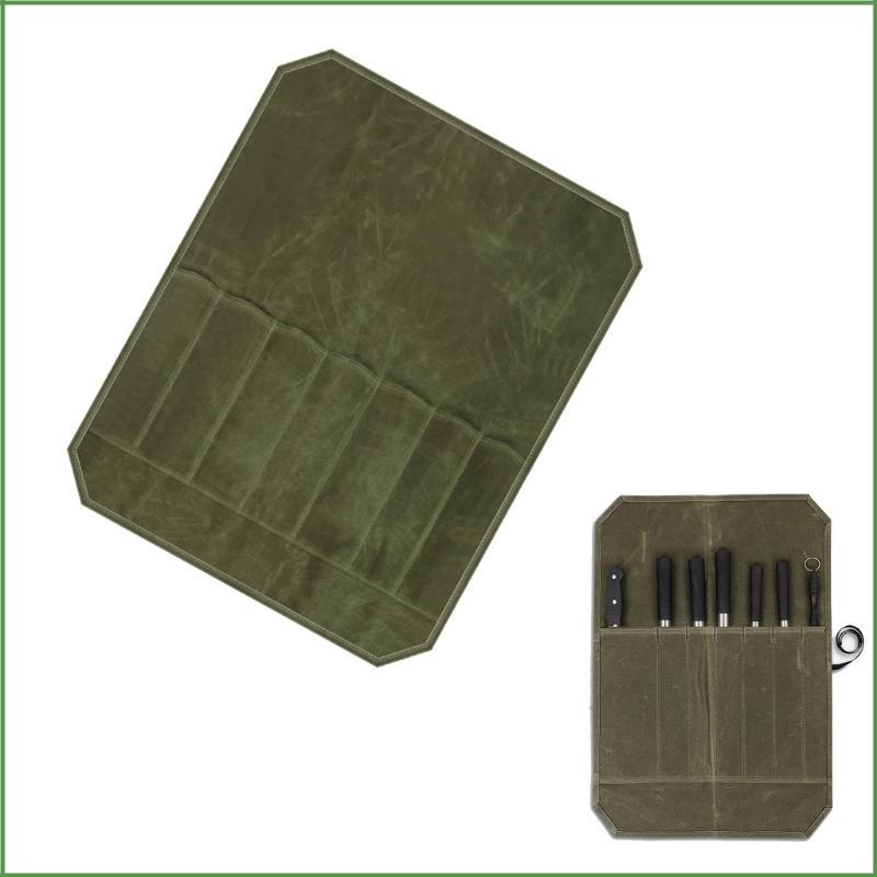 BON Chefs Knive Storage Roll Bag with 7 Slots Waxed Canvas Knive Cultery Carriers