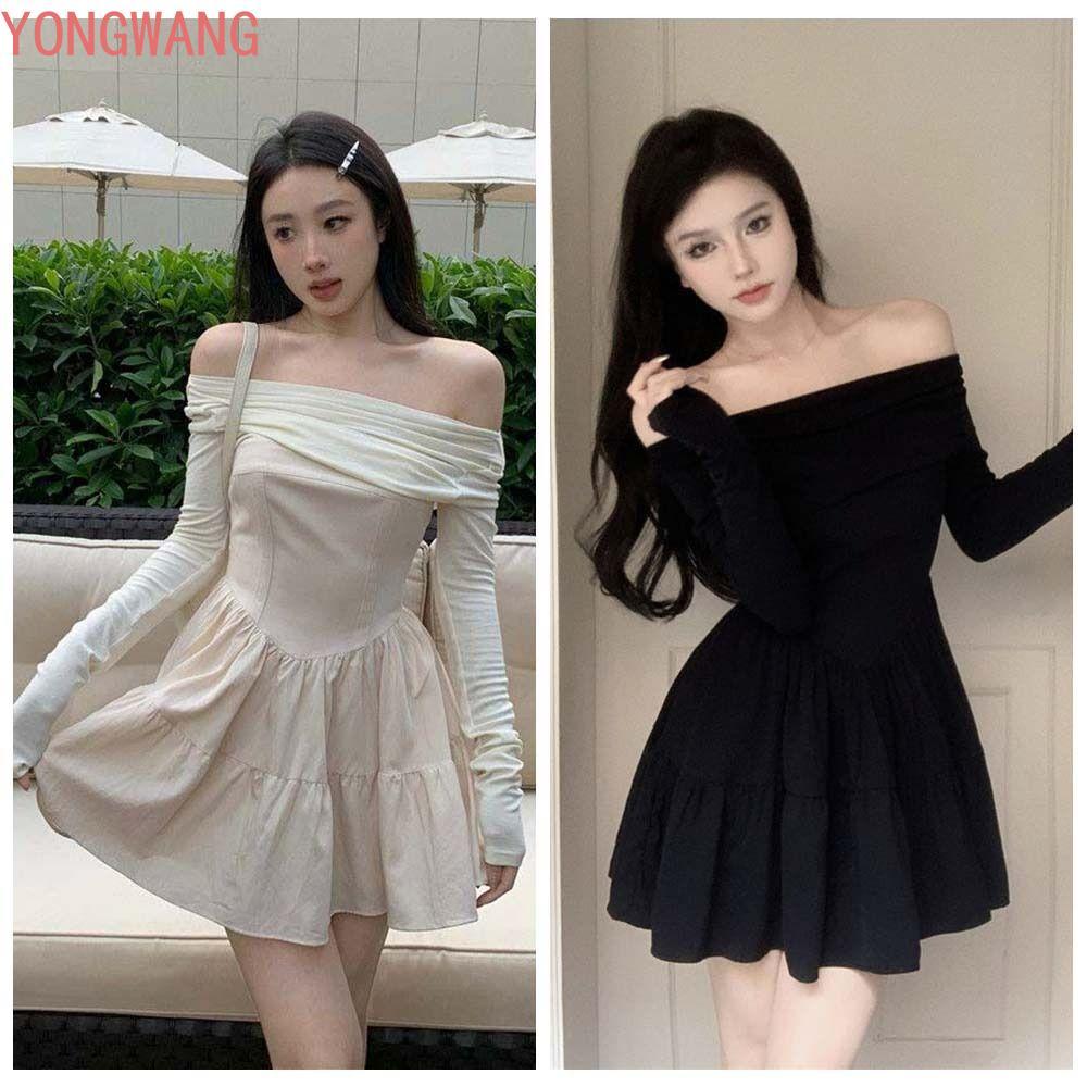 YONGWANG66ZX One Collar Dress, แฟชั่นเกาหลี Slim Fit กระโปรงสั้น, ฝรั่งเศสหวานแขนยาวน้ําหนักเบา Y2K 