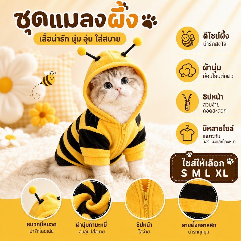 เสื้อสัตว์เลี้ยง ชุดแมว Bee-themed น่ารัก ใส่สบาย ให้อบอุ่น S/M/L/XL