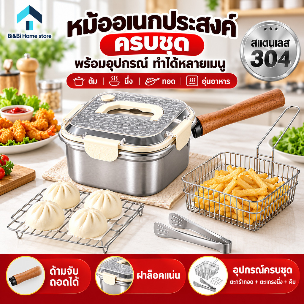กระทะสี่เหลี่ยม4-in-1 สแตนเลส อเนกประสงค์ สำหรับใช้กลางแจ้ง พกพาสะดวก ทอดหรือต้ม ทำความสะอาดง่าย หม้อต้มก๋วยเตี๋ยว