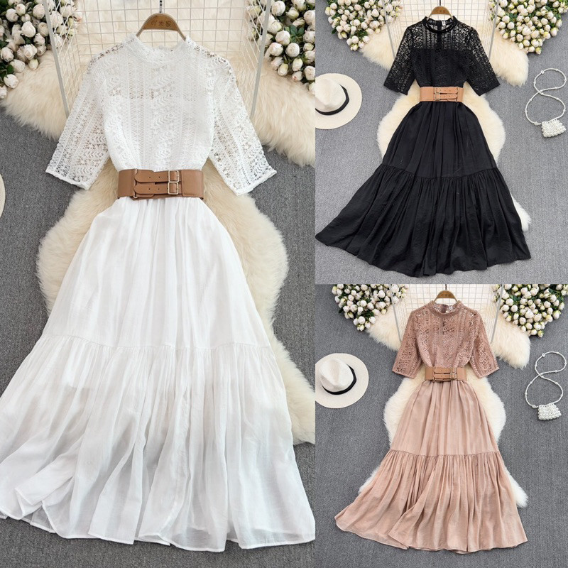 D1207 SAFIRA สไตล์เกาหลี BROCADE CROCHET พร้อมเข็มขัด VINTAGE MIDI DRESS สวยสง่างาม PARTY