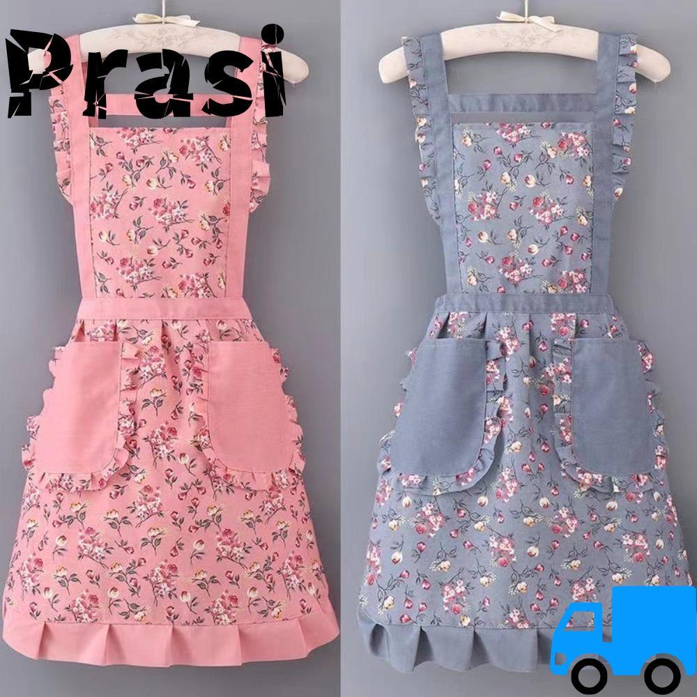 PRASI Ruffle Edge Apron, Oilproof Multi-scene Floral Apron, Breathable Floral Print Kitchen Apron Ki
